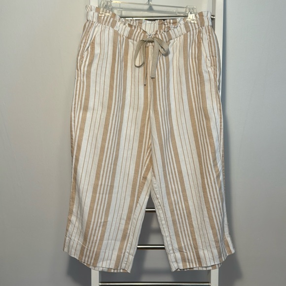 Chico’s 100% Linen Wide Leg Neutral Striped Elastic/Faux Drawstring Capris - Picture 1 of 7